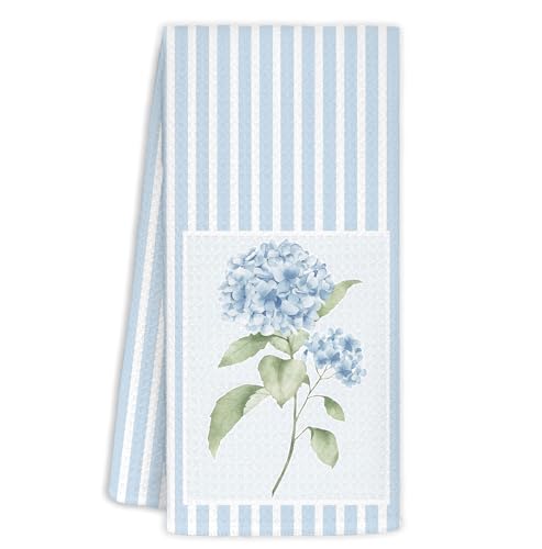 Summer-Striped Hydrangea Kitchen Towels 16x24” — Blue Stripe Hand & Dish Towel Set