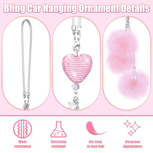 Bling Pink Heart Car Rear View Mirror Ornament with Plush Pom Poms