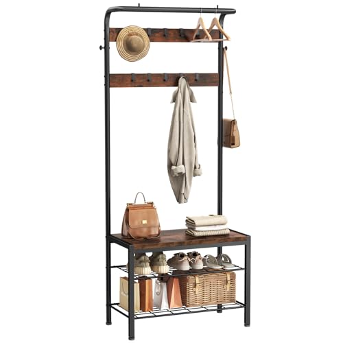 Rustic Hall Tree with Shoe Bench, Lift-Top Storage and 10 Hooks