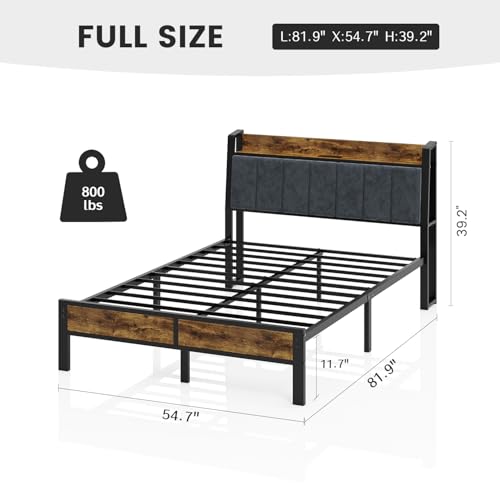 Full Size Platform Bed Frame with LED Lights and Charging Station