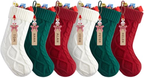 Minetom 6-Pack Christmas Stockings 18-Inch Knit Red Green White with DIY Snowman Name Tags
