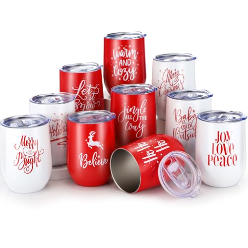 Uiifan Red White 10 Pack Christmas Tumblers 12oz Insulated Travel Cups with Straw & Lid