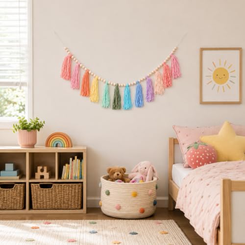 Colorful Cotton Tassel Garland Boho Wall Hanging for Nursery and Parties
