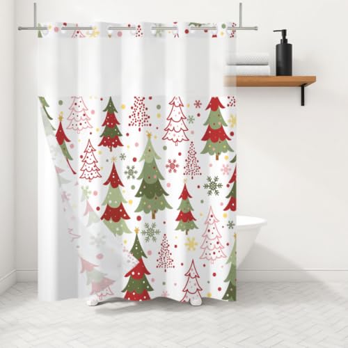 GKLEASG Christmas No Hook Shower Curtain with Snap-In Liner 71x74 in, Green-Red