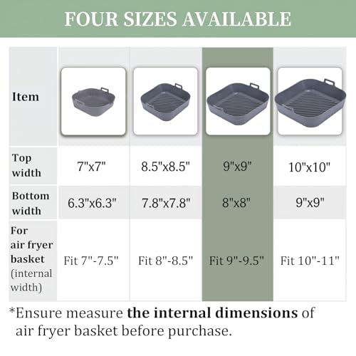 Square Silicone Air Fryer Liners - 9-Inch Reusable Non-Stick Basket Pot