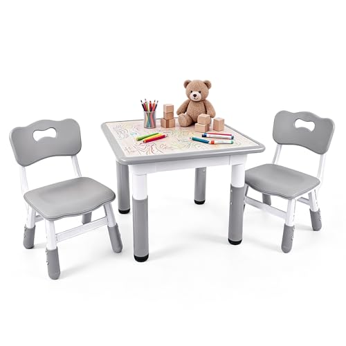 Adjustable Toddler Table and 2 Chairs Set - Wipeable Kids Activity Desk, Grey