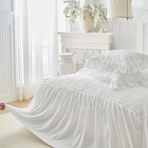 Queen White Ruffle Skirt Bedspread Set - 3-Piece Vintage Boho Quilt Coverlet