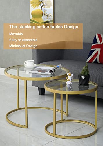Round Nesting Coffee Table Set of 2, Modern Gold Metal and Tempered Glass