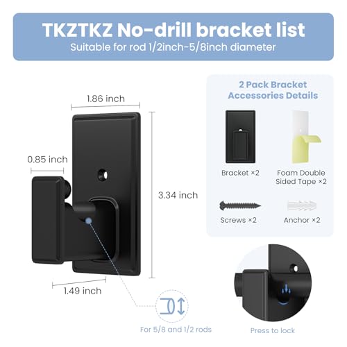 No Drill Curtain Rod Brackets - Adhesive Wall Hooks for 5/8" Rods (2 Pack)