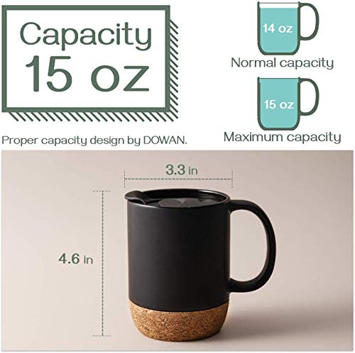 DOWAN Matte Grey 15 oz Coffee Mug Set of 2 with Cork Bottom & Spill-Proof Lid