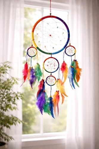 Rainbow Chakra Dream Catcher Wall Decor, 7-Inch Boho Hanging Ornament