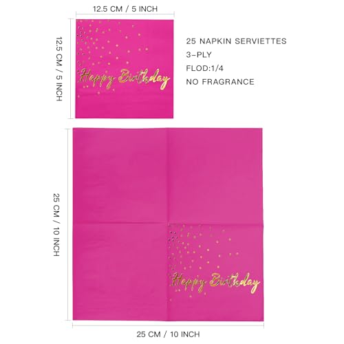 Wrapaholic 25-Pack Hot Pink Gold Foil Happy Birthday Cocktail Napkins 5x5 Inches