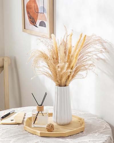 Modern White Ceramic Flower Vase - 7.8 Inch Ribbed Decorative Vase