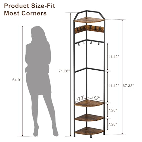 Corner Hall Tree with 10 Movable Hooks and Adjustable Shelves