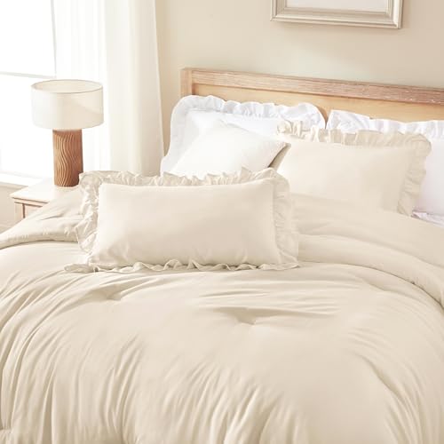 Beige Ruffled Queen Comforter Set - 3 Piece Lightweight Bedding