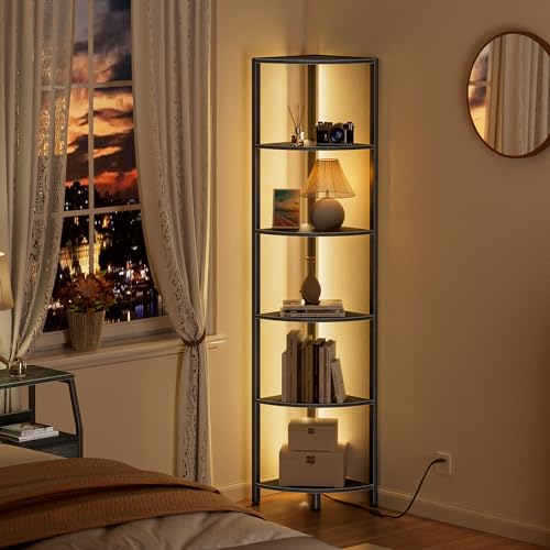 6 Tier Corner Shelf with LED Light, 67.5 Inch Black Tall Bookshelf and Storage Rack for Living Room