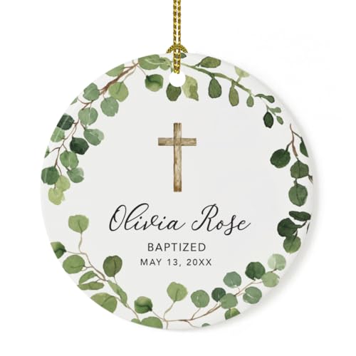 Personalized Baptism Ornament 2026, Round Ceramic Eucalyptus Wreath Keepsake