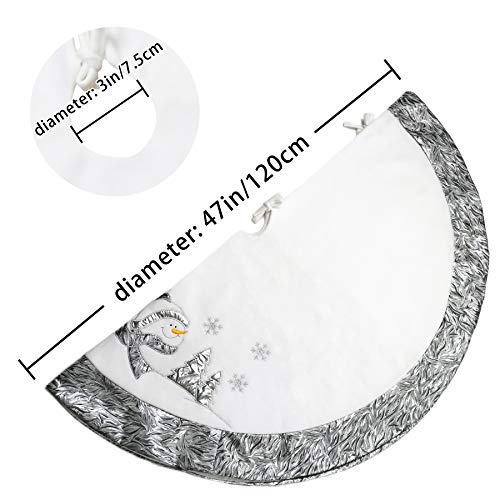 WEWILL 48'' Large Luxury Snowman Christmas Tree Skirt with Satin Border Embroidered Snowflakes