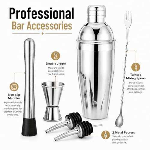 Semderm 6-Piece Stainless Steel Cocktail Shaker Set with Muddler, Jigger & Pourers