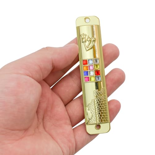 Metal Mezuzah Case with Scroll, 12 Tribes Hoshen Stones, Gold Door Blessing