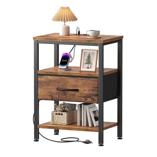 3-Tier Nightstand with Charging Station, Bedside Table with Fabric Drawer