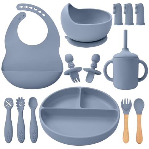 14-Piece Silicone Baby Feeding Set with Suction Plate and Bib