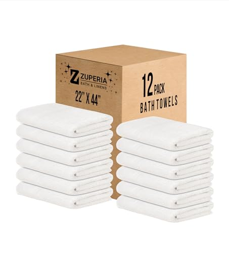 100% Cotton Bath Towels 22 x 44 Inches - 12 Pack Bulk Set White