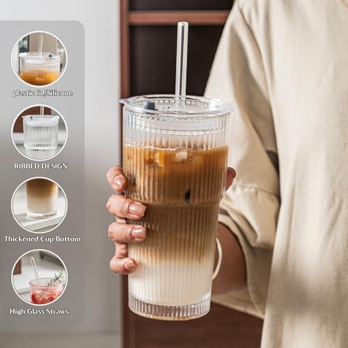 20 oz Ribbed Glass Tumblers with Lids and Straws - 4-Piece Set
