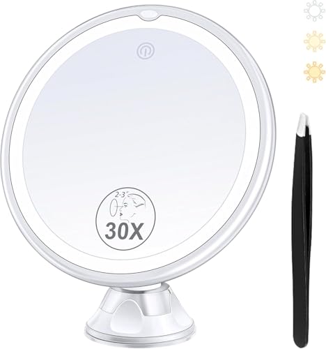 B Beauty Planet 30X Lighted Magnifying Makeup Mirror White-3AAA, 360° Swivel, Suction Cup