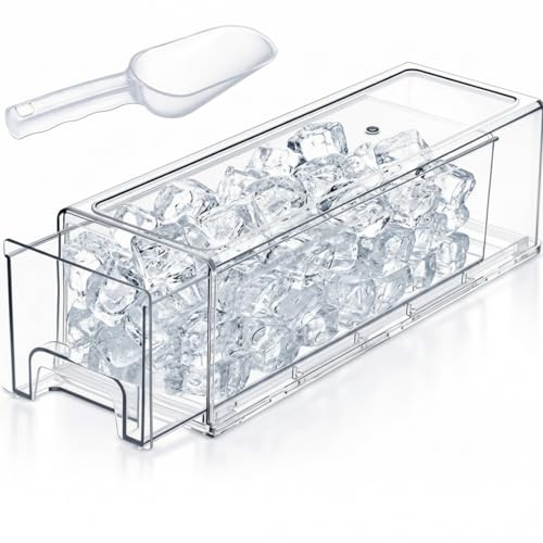 Clear Pull-Out Ice Container for Freezer with Scoop - Stackable Fridge Bin