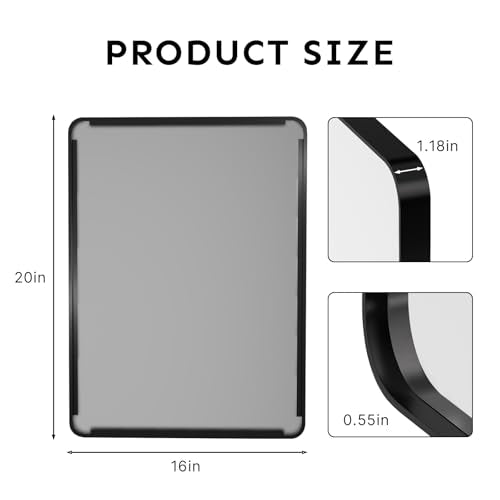 20x16 Inch Rectangular Wall Mirror, Matte Black Aluminum Framed Bathroom Mirror