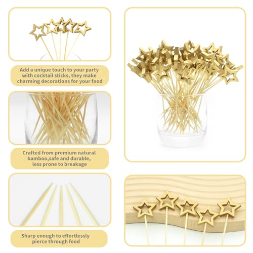 Jiooil Bear 100 Pcs Gold Star Cocktail Picks - 5.5 Inch Party Decor, Christmas & New Year