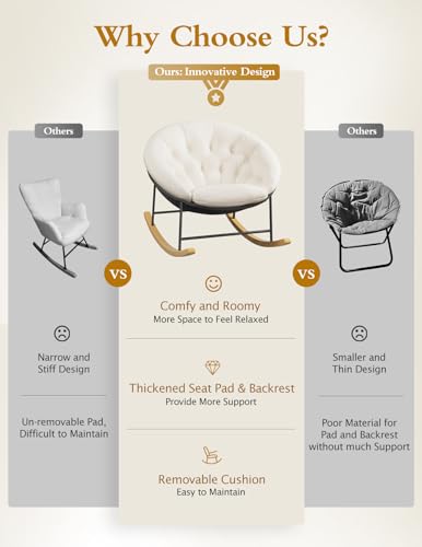 Wide Saucer Rocking Chair with Removable Cushion for Nursery and Living Room