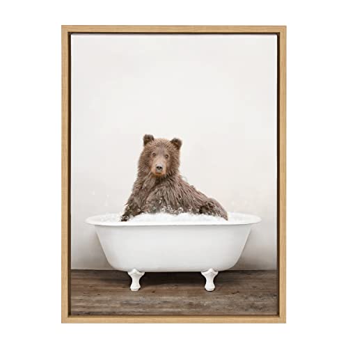 Kate and Laurel Sylvie Bear Rustic Bubble Bath Framed Canvas Wall Art by Amy Peterson Art Studio, 18x24 Natural, Modern Fun Decorative Bathtub Wall Art for Home Décor