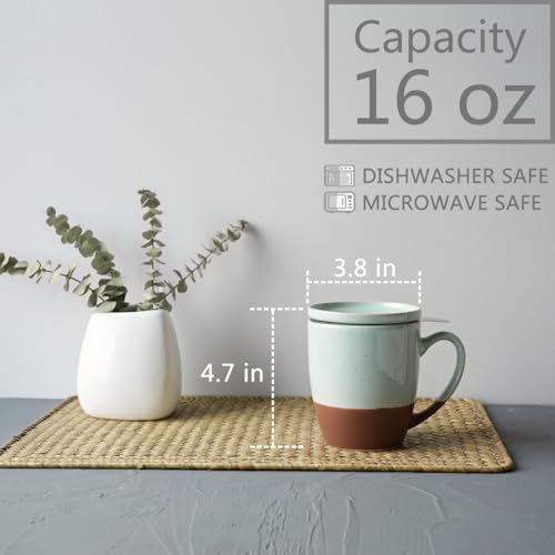 Bosmarlin Mint Blue Ceramic Tea Mug with Infuser & Lid, 16 Oz Steeping Tea Cup