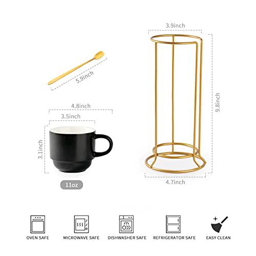 Black Stackable Coffee Mug Set of 4 with Stand & Spoons - 11oz