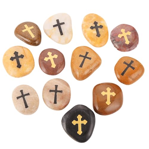 12-Piece Engraved Comfort Cross Worry Stones - Natural Polished River Rock