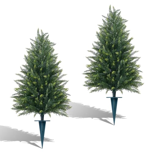 Yangrass 2 Pack 36-Inch Artificial Cedar Topiary Trees for Outdoor Garden & Patio, UV-Resistant, Full Shape