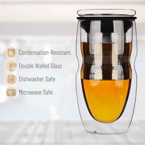 BTaT Double Wall Glass Tea Cups 16 oz (2 Pack) with Stainless Steel Infuser & Lid - Modern Borosilicate Tea Mug for Loose Leaf & Tea Bags