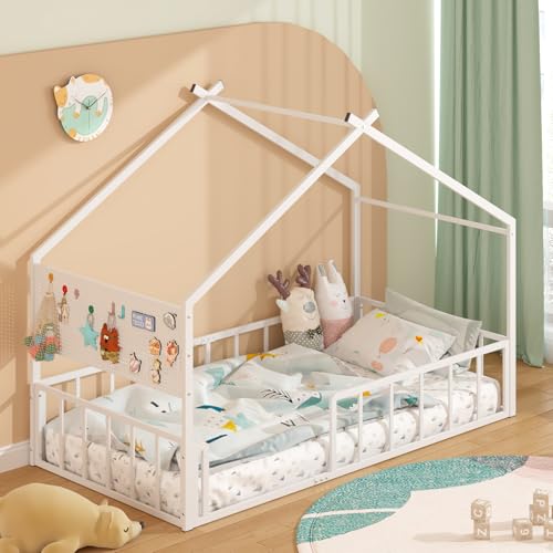 Twin Size Montessori House Bed Frame with Pegboard and Safety Guardrails
