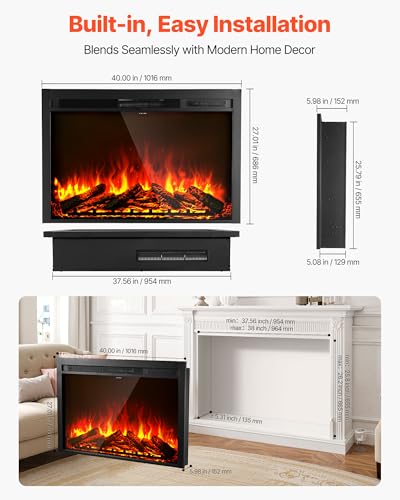40 Inch Electric Fireplace Insert Recessed Wall Mounted Heater