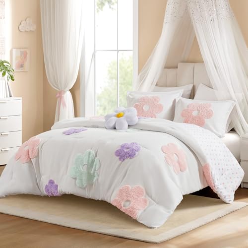 Floral Chenille Comforter Set - 4-Piece Kids Queen Bedding with Shams