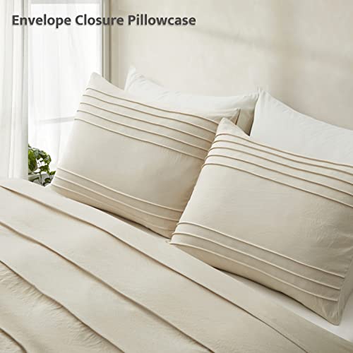 3-Piece Pleated Duvet Cover Set King - Soft Beige Microfiber Bedding