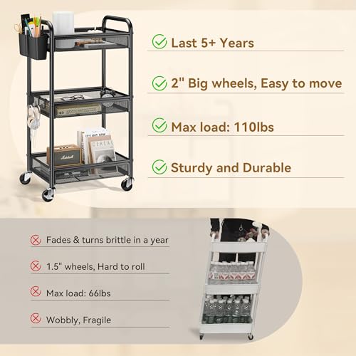 Yasonic 3-Tier Metal Rolling Utility Cart with Wheels, Black Storage Organizer with Hanging Cups and Hooks for Kitchen, Office, and Craft Room