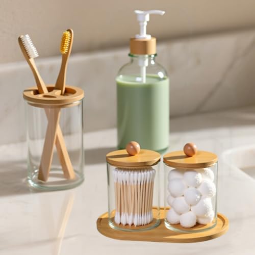5-Piece Bamboo Bathroom Accessories Set with Tray and Soap Dispenser