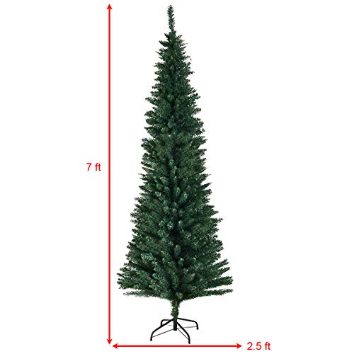 GIANTEX 7ft Artificial Pencil Christmas Tree with Hinged Branches & Metal Stand - Green, Space-Saving Holiday Decor