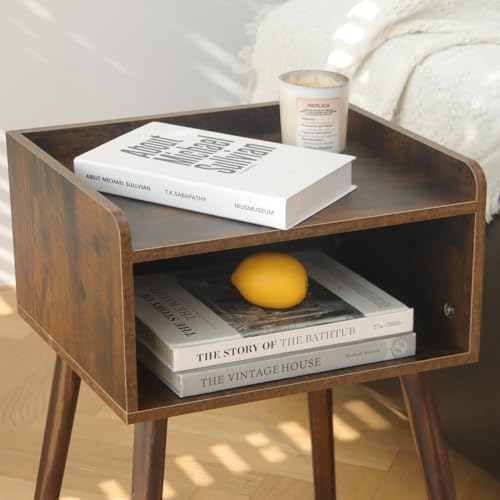 Mid-Century Modern Nightstand with 2-Tier Storage and Solid Wood Legs