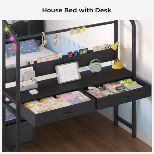 Full Size House Bed with Desk and 8 Storage Drawers, Metal Frame