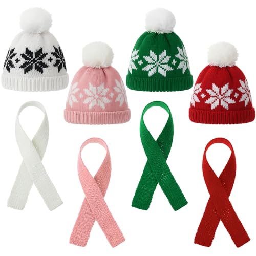 Geyoga Mini Santa Hat and Scarf Set for DIY Holiday Decorations Snowflake Pattern (8 Pieces, Red, Green, White, Pink)
