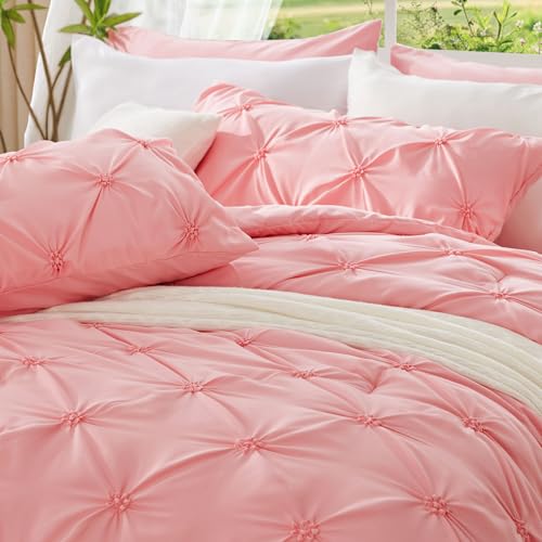 Pink Queen Comforter Set - Soft Pintuck Bedding with 2 Pillowcases
